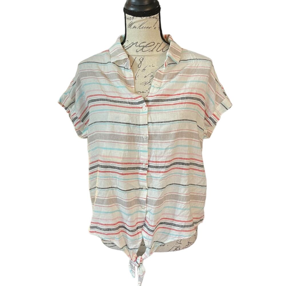 Weatherproof Vintage Linen Tie Front Striped Shirt Size Small